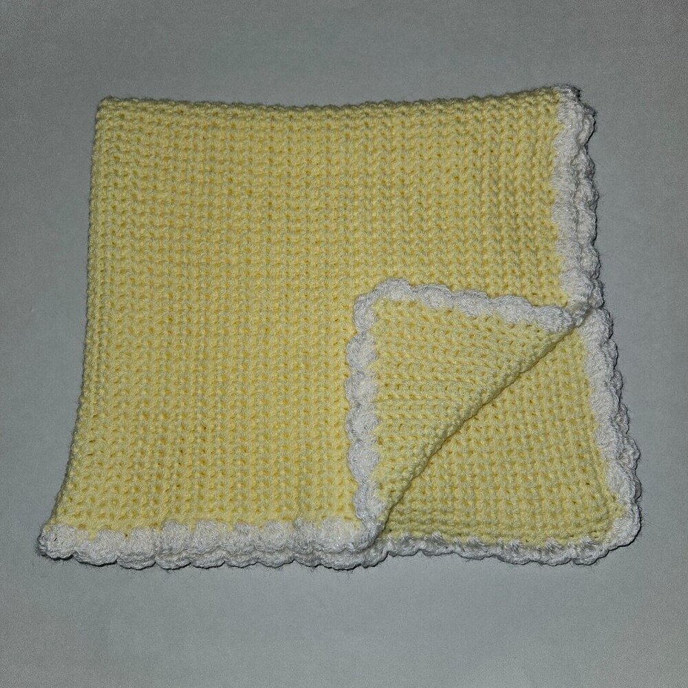 Handmade Knit Yellow Baby Blanket White Trim Sparkle 24x31 Gift Boy Girl